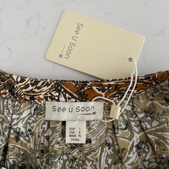 Anthropologie See U Soon 3/4 Slv Boat Nk Split V Cotton Floral Print Dress S/M - Picture 11 of 16